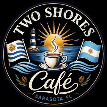 Two Shores Café logo with Uruguay and Argentina flags, a lighthouse and a coffee cup, Sarasota, FL