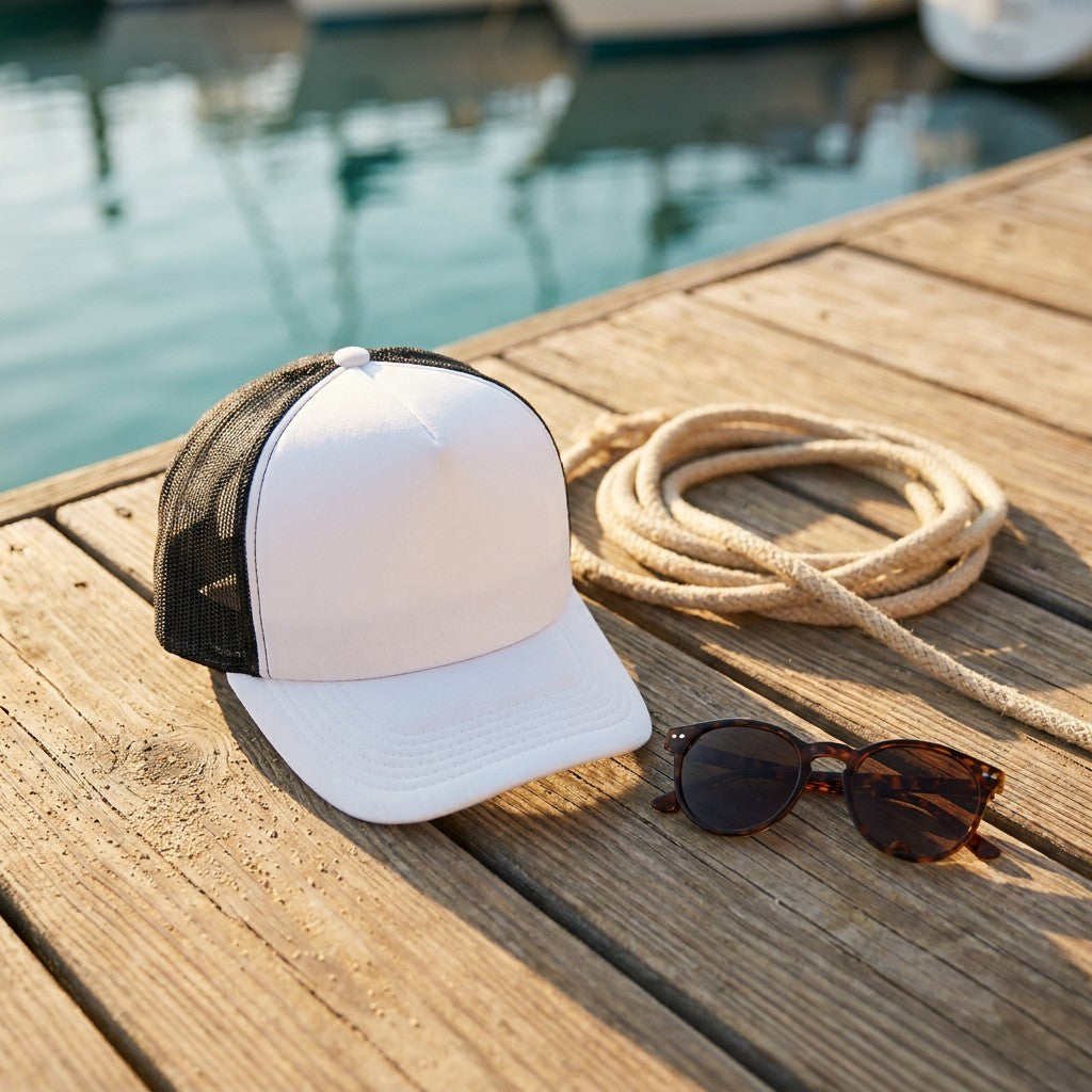 Abstract Aesthetic B Foam trucker hat — golden hour lifestyle