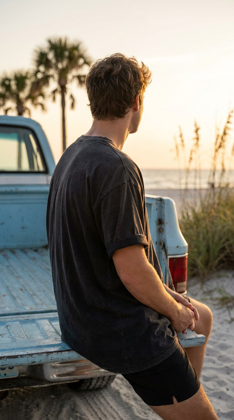 Cameron Oversized Faded T-shirt — golden hour truck tailgate lifestyle