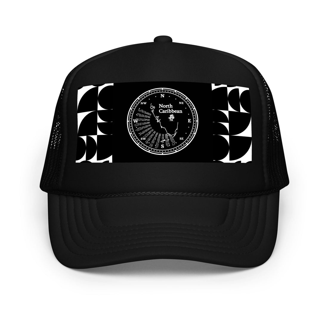 Abstract Aesthetic B Foam trucker hat featuring a stylish black and white design with a compass graphic.