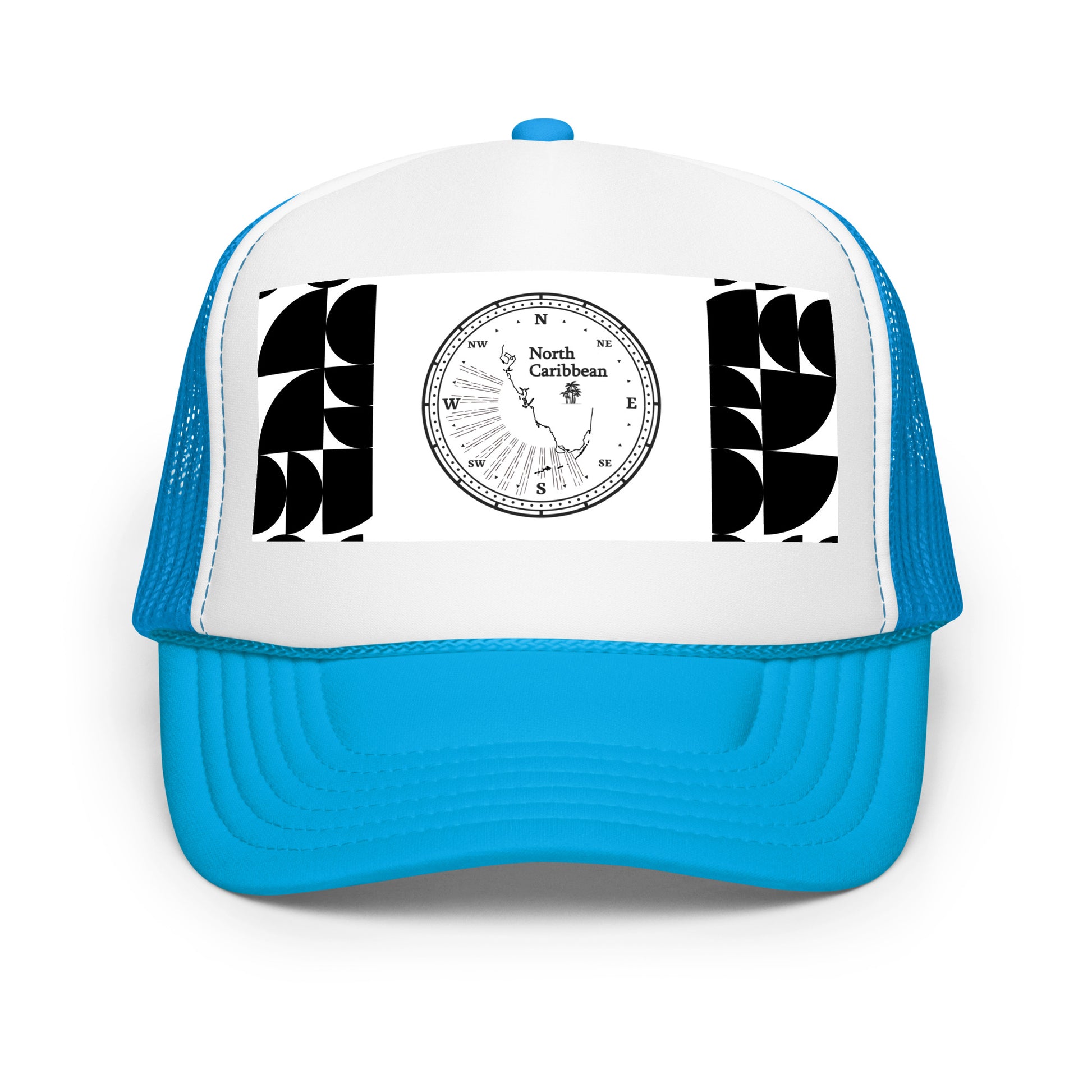 Abstract Aesthetic W Foam trucker hat featuring a colorful design and breathable mesh back.