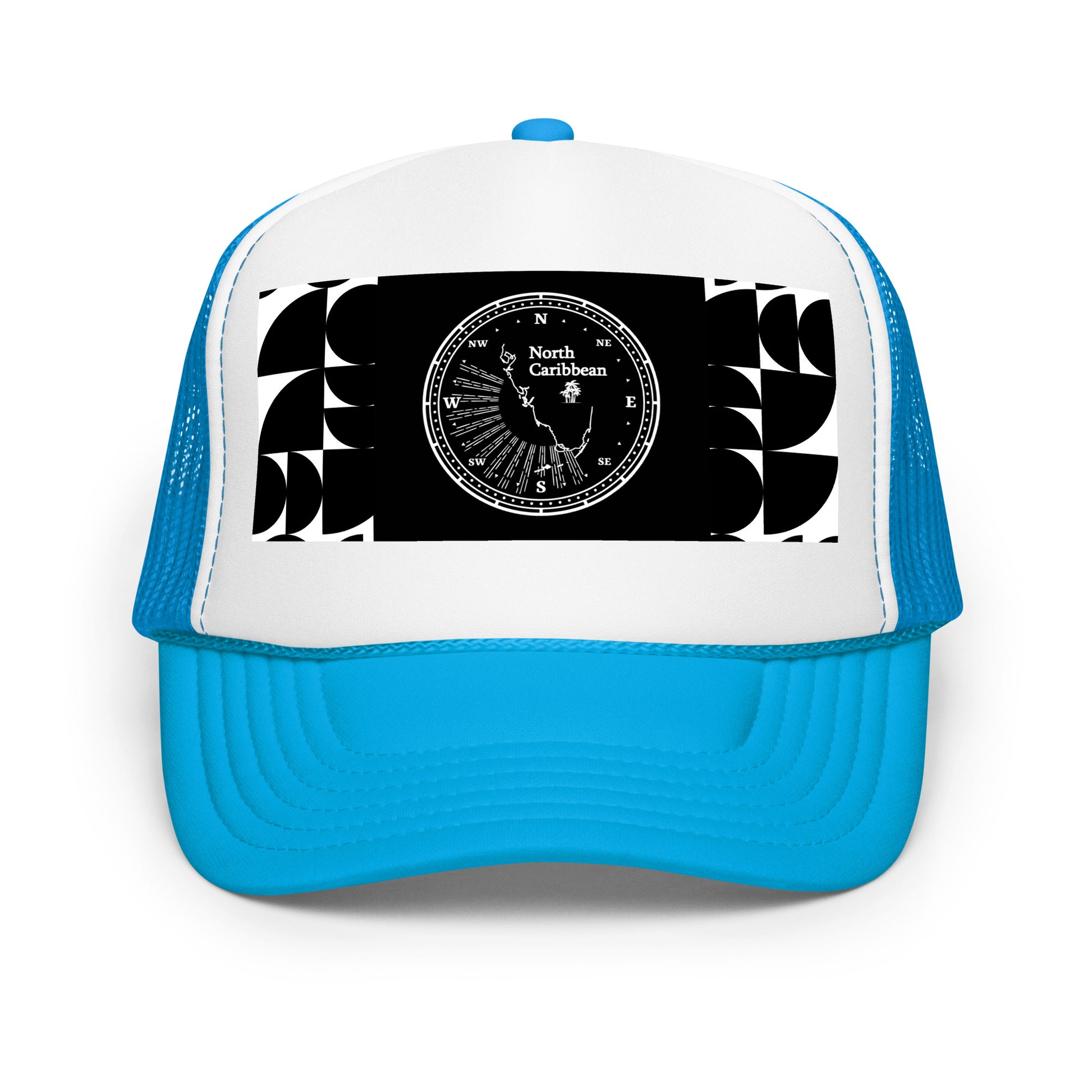 Abstract Aesthetic B Foam trucker hat with blue brim and black graphic design, perfect for fashion enthusiasts.