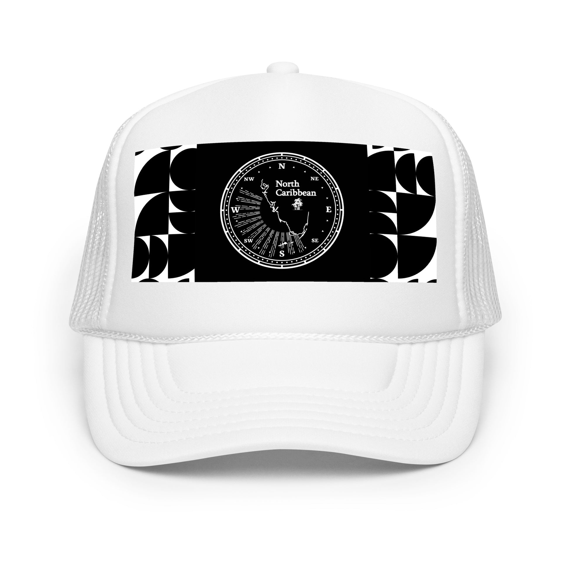 Abstract Aesthetic B Foam trucker hat featuring a compass design with black and white patterns.