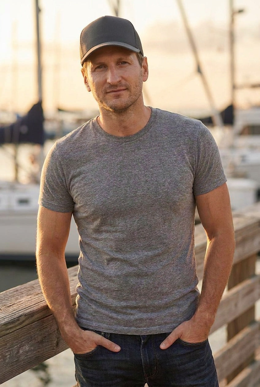 Atlantic Foam trucker hat — golden hour lifestyle